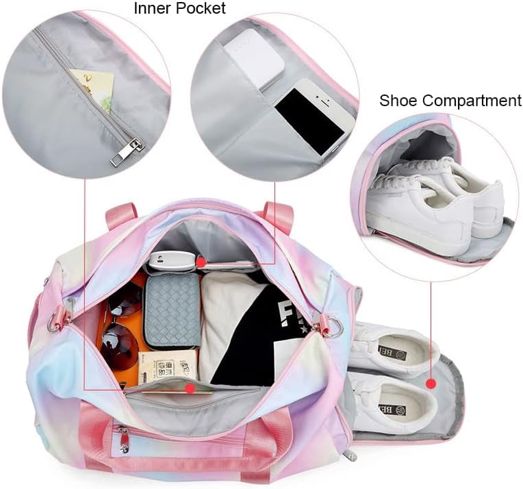 Weekender Duffel Dance Bag For Girls Gym Bag Overnight Travel duffle Bags with Shoe Compartment Wet Pocket Pink