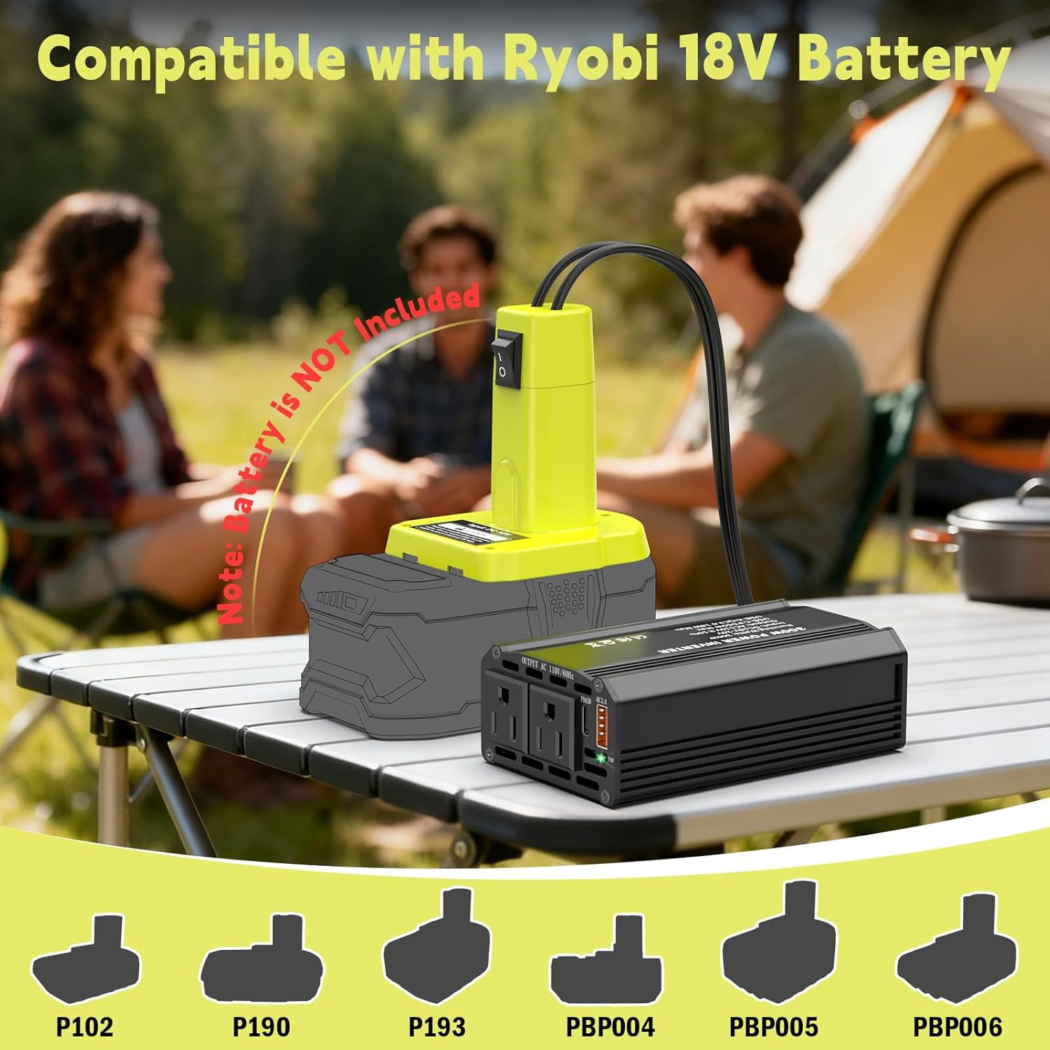 300W Power Inverter Compatible with Ryobi 18V Battery, DC 18V to AC 110V Portable Power Station Generator with 2 AC Outlets & 1 Type-C PD 65W & 1 USB A 18W Max for Emergency Power
