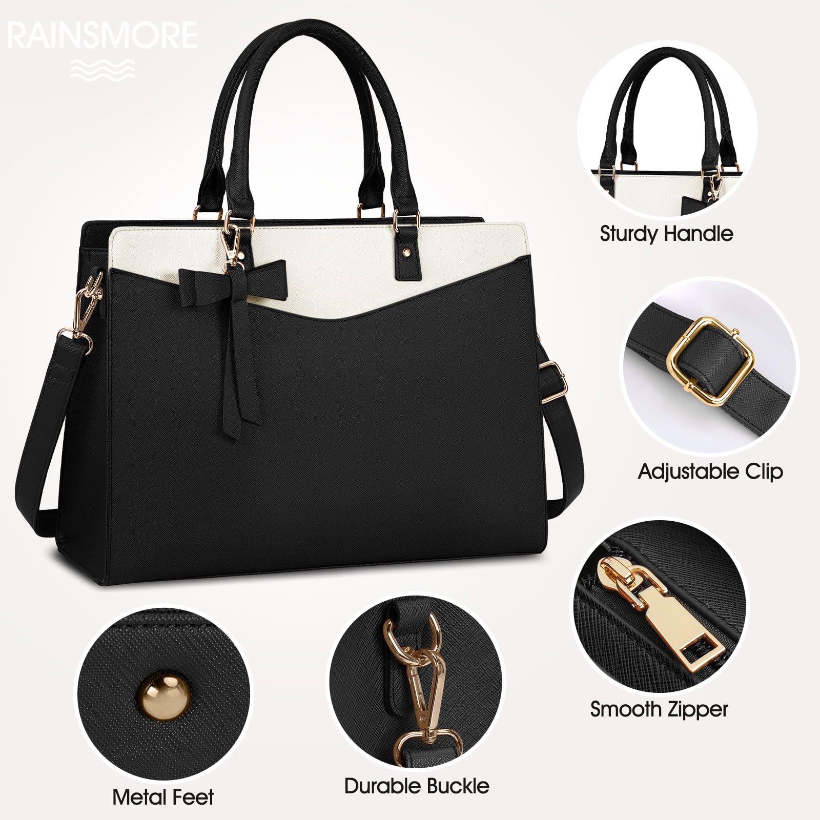 RAINSMORE Laptop Bag for Women 15.6 Inch PU Tote Bag Lightweight Business Office Handbag Work Bag Waterproof Shoulder Briefcase