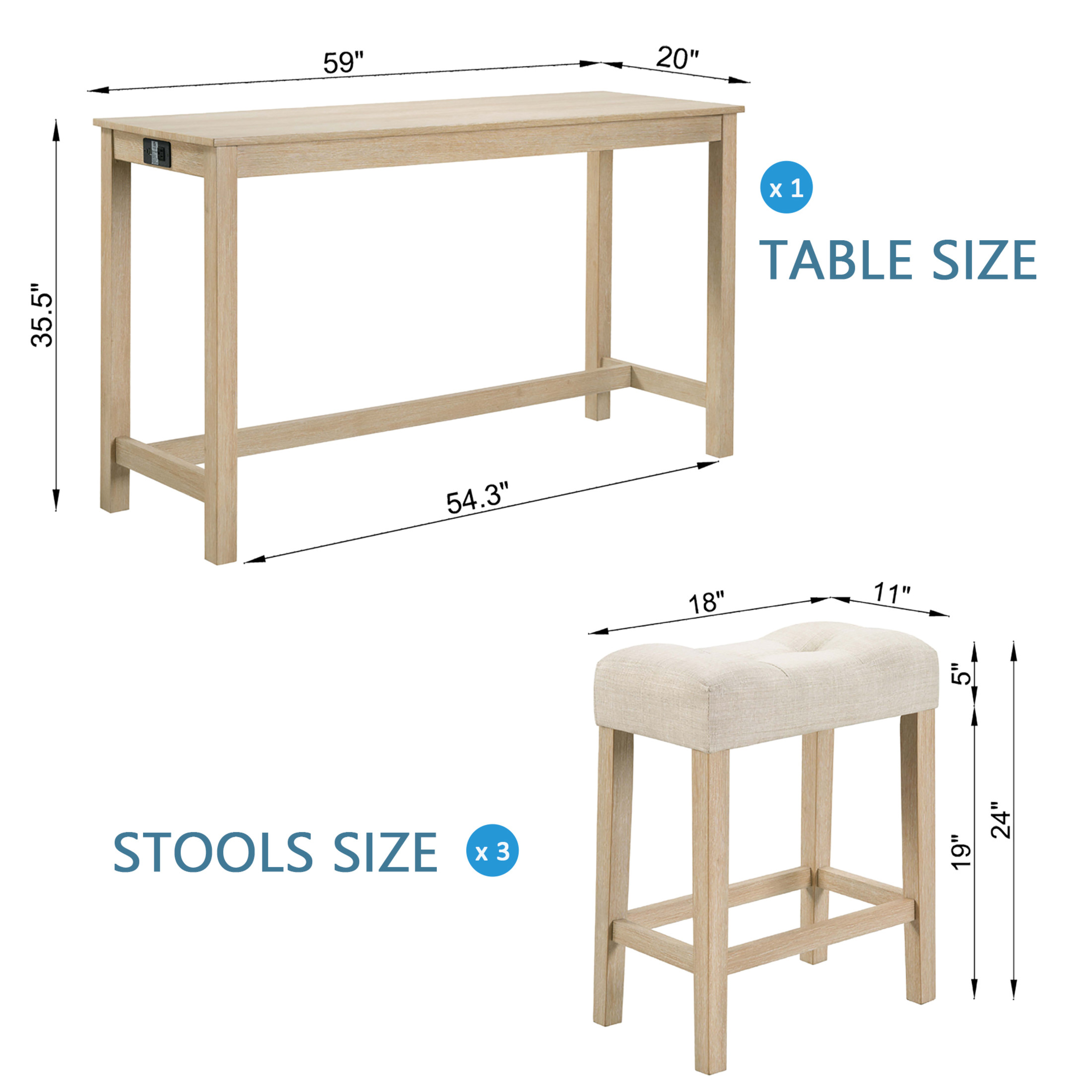Noble House 35.5"H Dining Bar Table Set with Power Outlet, Upholstered Counter Stools for 3, Light Oak Finish