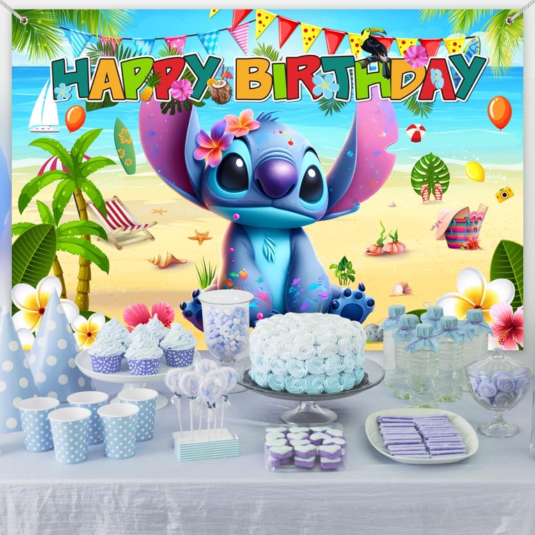 Blue Pink Hibiscus Cartoon Birthday Banner - Pre-Strung Happy Birthday Decor For Alien & Hawaii Theme Parties