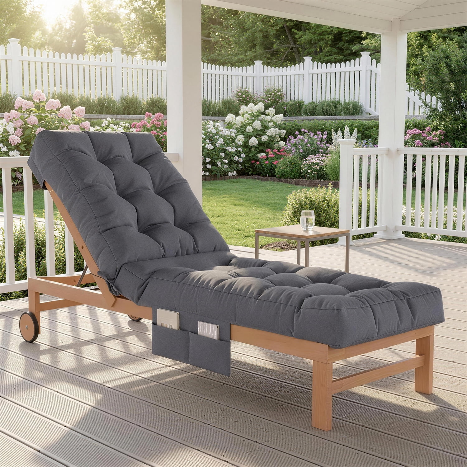 BaPiPro Gray Outdoor Chaise Lounge Cushion with Side Pocket, Triple Non-Slip Fixation, All-Weather Durable & Soft Fabric, Thickened Padding, Ideal for Patio and Poolside Use
