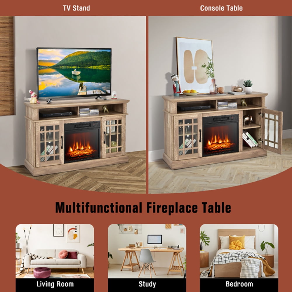 Finihen TV Stand, TV Cabinet, 48 Inch Electric Fireplace TV Stand with Cabinets for TVs Up to 55 Inch, for Living Room, Bedroom, Natural