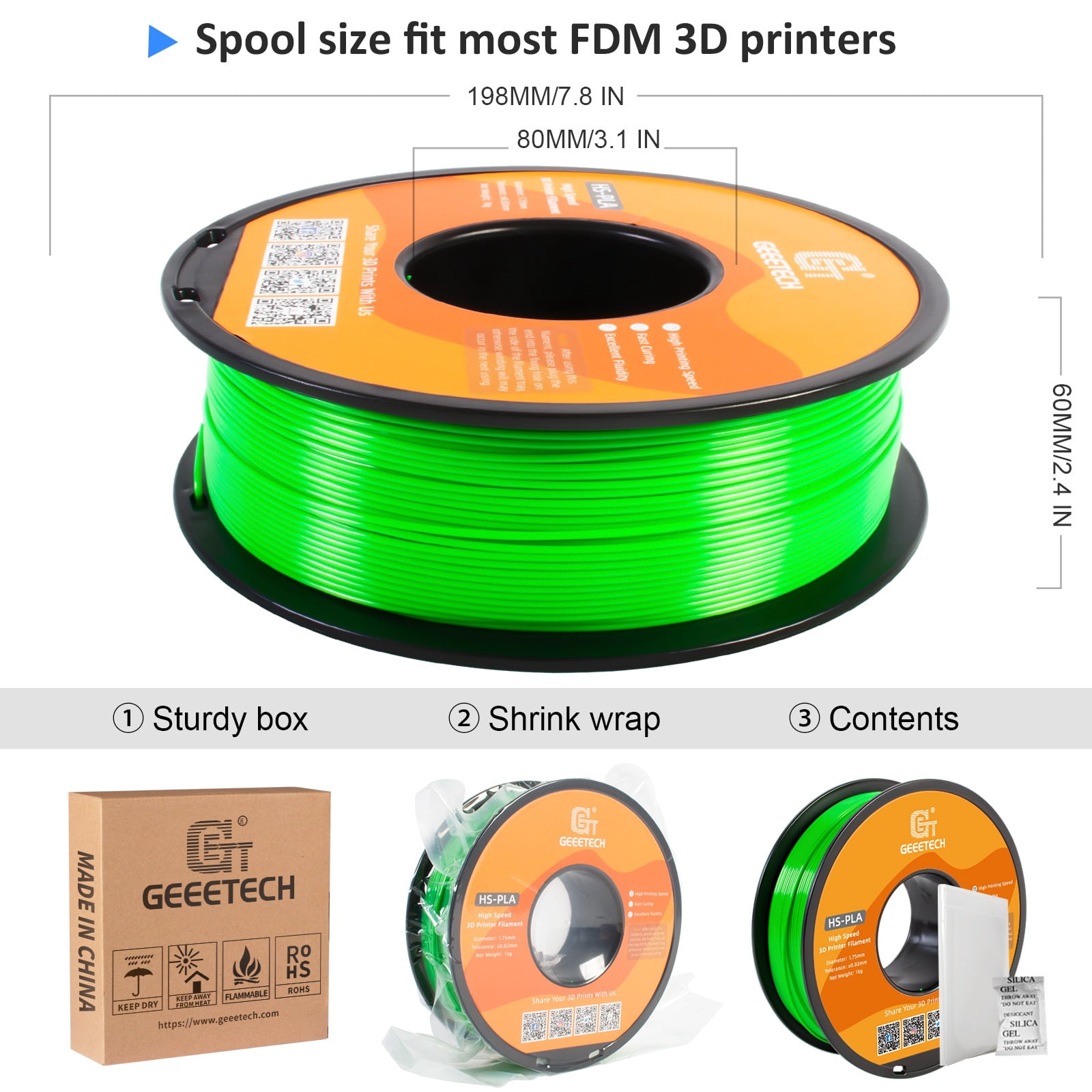 Geeetech 1.75mm PLA 3D Printer Filament, 10kg Spool (22lbs), Dimensional Accuracy +/- 0.03mm,Green