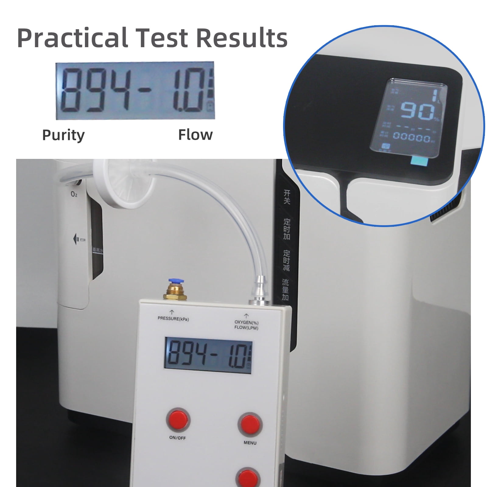 Portable Oxygen Analyzer 3-in-1 Gas Purity Flow Pressure with LCD Backlit Display Oxygen Purity Tester Rechargeable Battery
