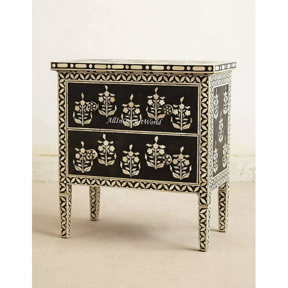 Paisley Bone Inlay Chest of Drawers Black, Paisley Inlay dresser, Bone inlay dresser, bone inlay vanity, Bone Inlay commode