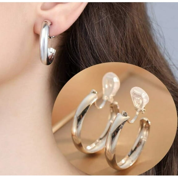 Clip on 1 1/4" shiny silver lightweight open back hoop earrings