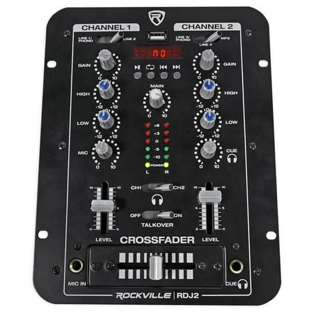 Rockville RDJ2 2 Channel DJ Mixer with USB; Cue Monitor; Talkover; 4 Line