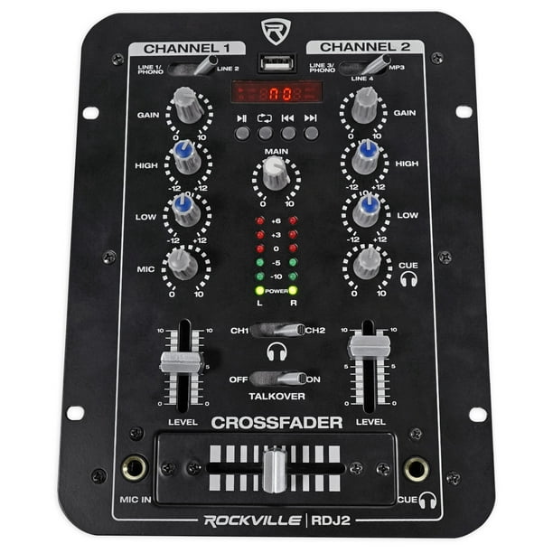Rockville RDJ2 2 Channel DJ Mixer with USB; Cue Monitor; Talkover; 4