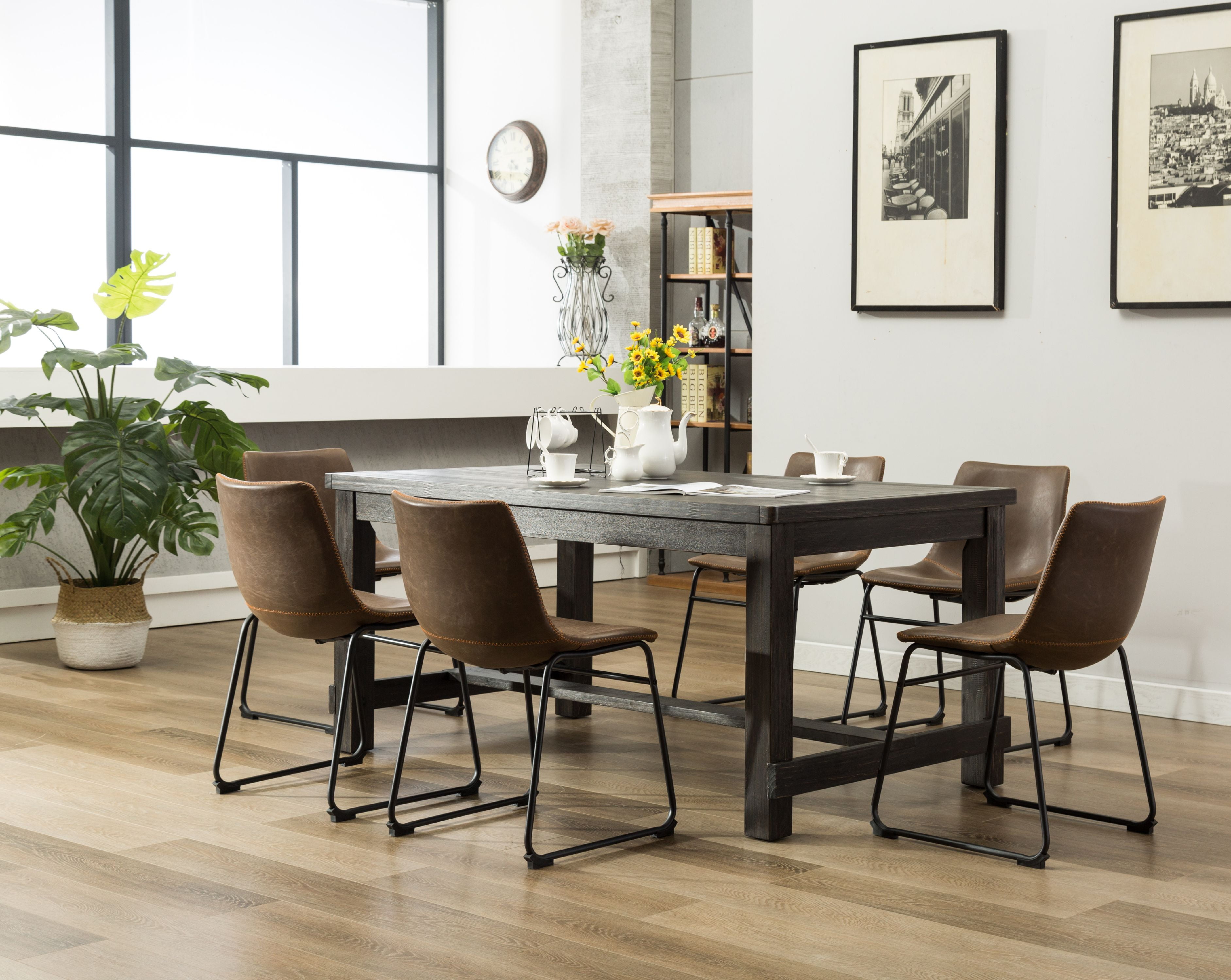 Roundhill Furniture Lotusville 7-Piece Antique Black Finish Wood Dining Table with 6 Brown Faux 