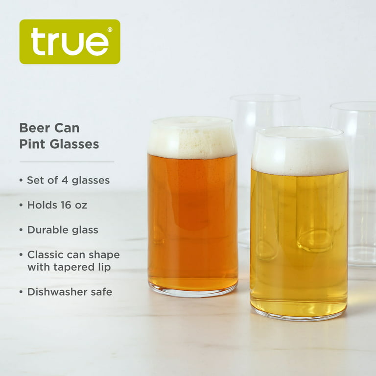 True Beer Can Pint Glass, Clear Glass Beer Cup, Set of 4, Holds 16