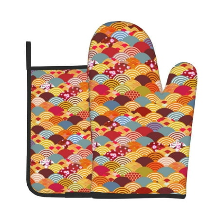 

Jgfou Japanese Style Fish Scales Pattern Oven Mitts and Pot Holders Sets Heat Resistant Oven Mittens Soft Lining Extra Thicken Long Kitchen Cotton Oven Glove for Cooking