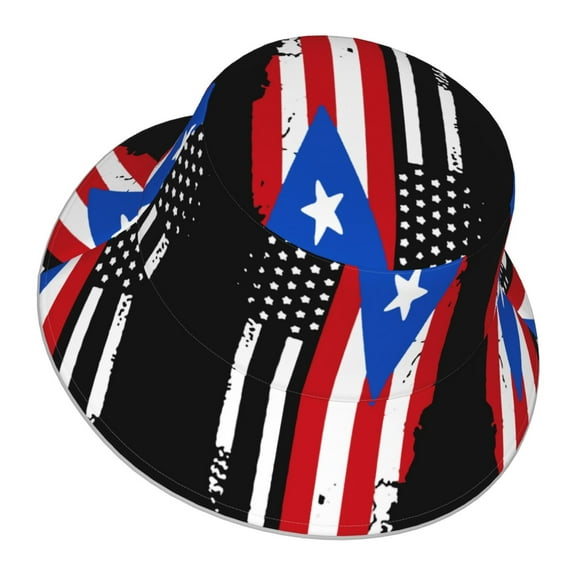 Unisex America Puerto-Rico Flag Bucket Hat Fisherman Cap Reversible Travel Sunhat With Reflective Stripe