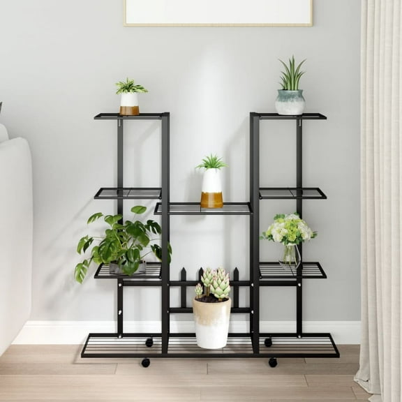 vidaXL 1 Piece Black Powder-Coated Iron Flower Stand 37.2"x9.6"x36" Rollable with Wheels