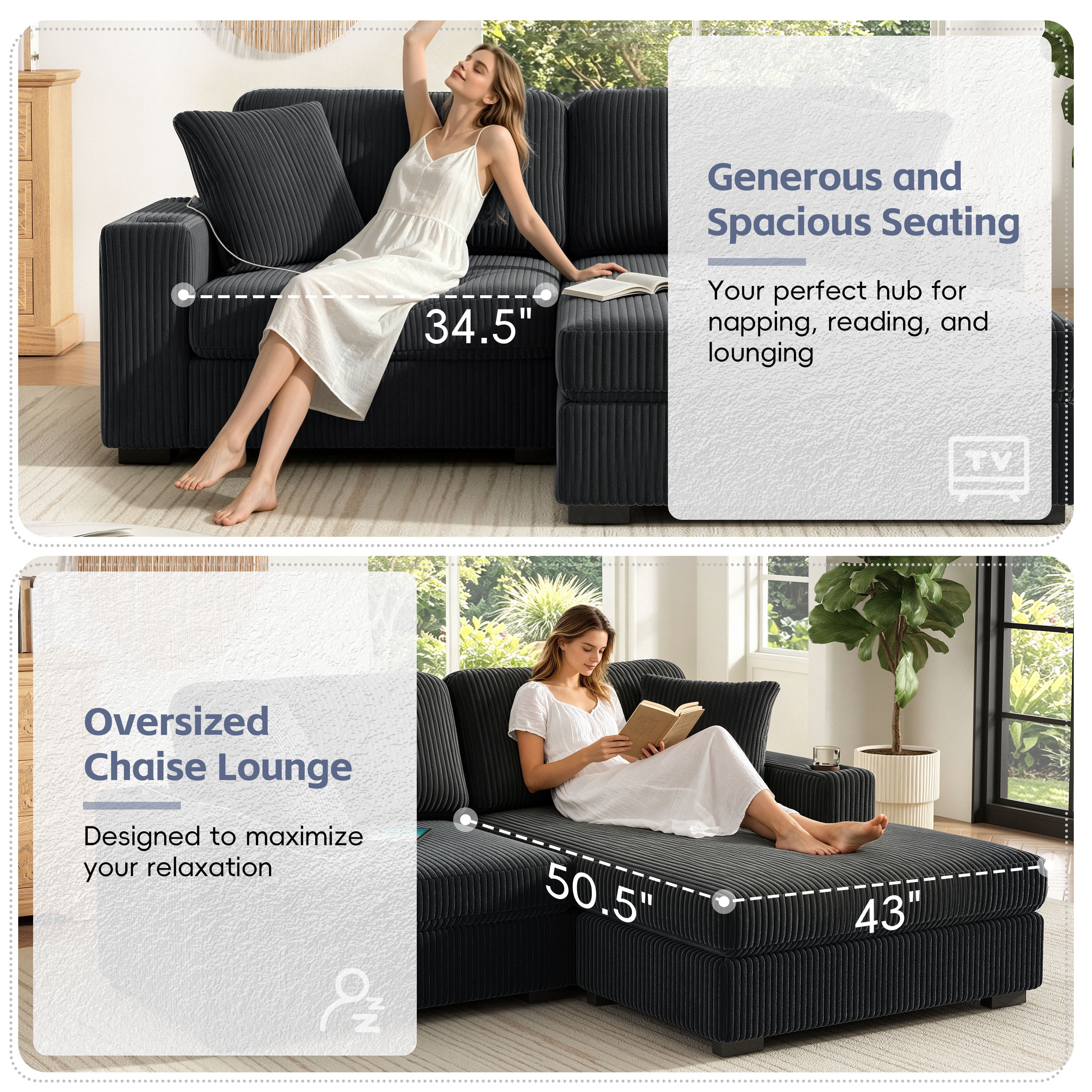 GARITIN L Shaped Sectional Sofa 86.5 Inch, Corduroy Upholstered Couch with Cup Holders and Charging Ports for Living Room, Black