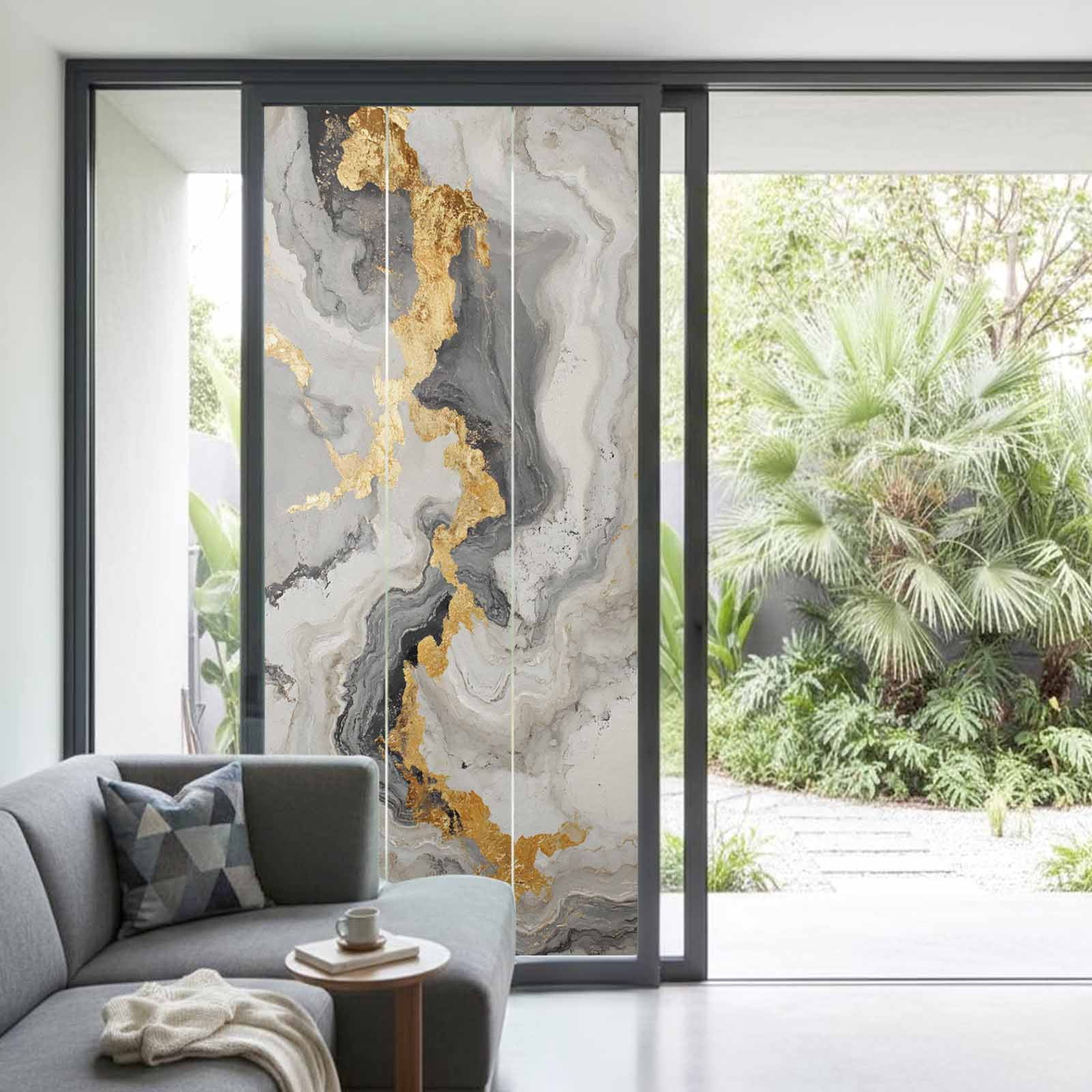Non-Adhesive Static Cling Window Tint, Grey Ombre Marble Window Privacy Film Frosted, Golden Gray Marble Crack Abstract Art Insulated Windows Frosted Films for Living room, 35.4 x 78.7 Inches