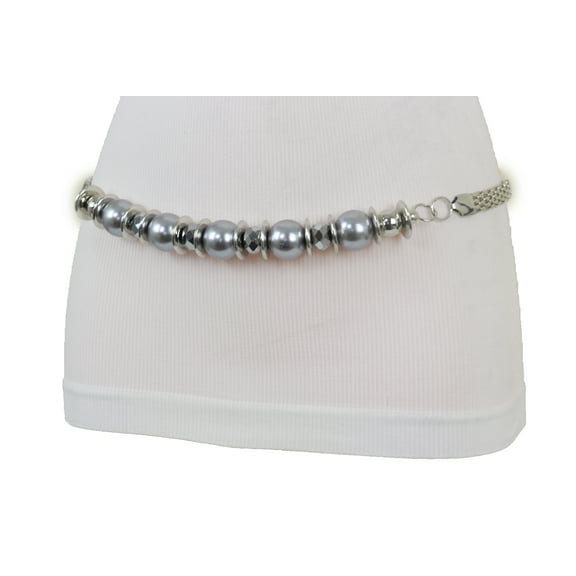 Women Silver Metal Chain Beaded Belt Gray Beads S M L