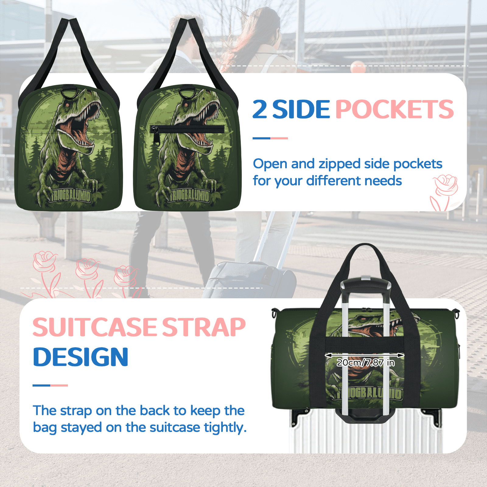 Herdesigns Dinosaur Travel Duffle Bag Sports Yoga Weekender Overnight Carry on Workout Bags Lightweight Waterproof Gym Tote Bag for Women