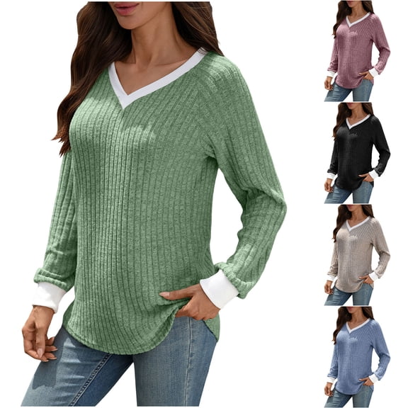 Josdec Women's Color Block Trim V-Neck Vertical Ribbed Knit Pullover Top, Raglan Long Sleeve Curved Hem Casual Fashion Tops S-XXL