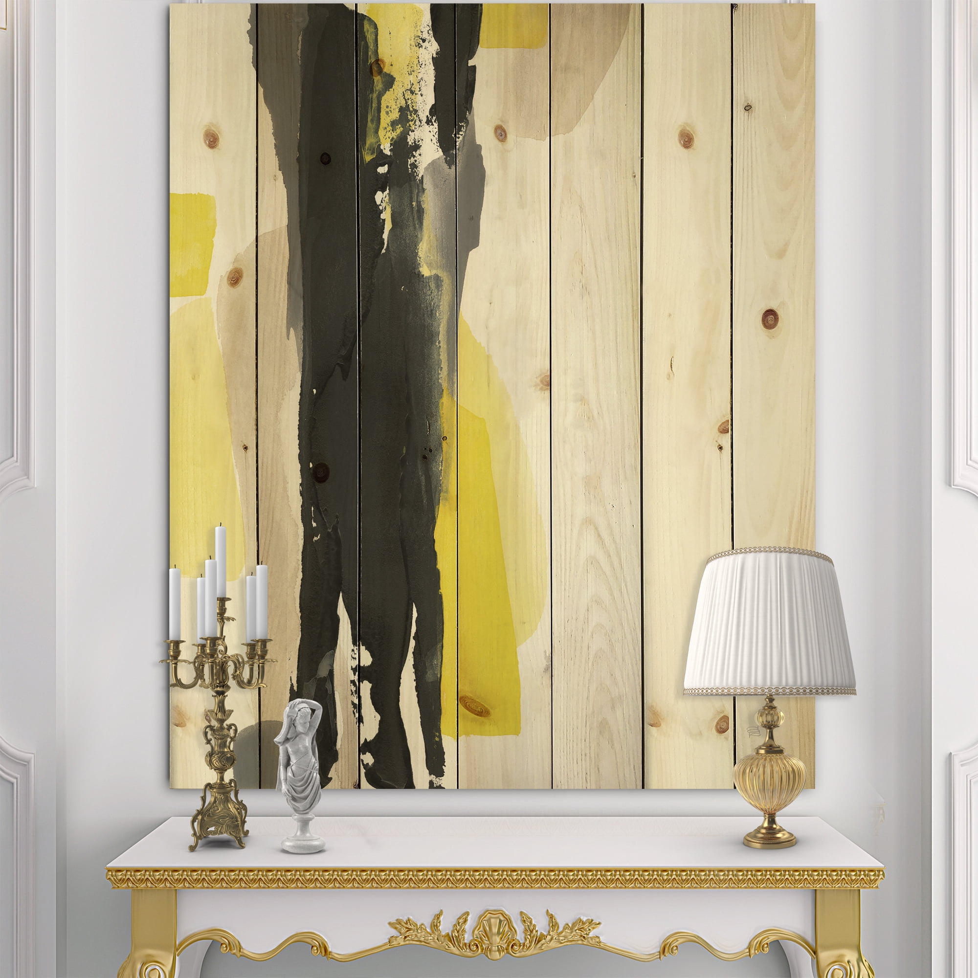 Designart 'Glam Yellow and Black II' Modern & Contemporary Print on Natural Pine Wood