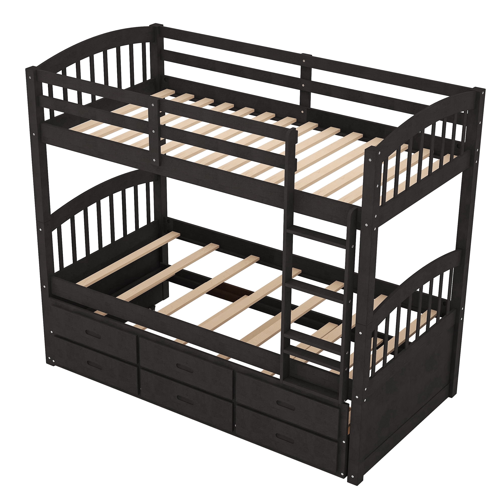 Euroco Twin Over Twin Wood Bunk Bed with Trundle and Drawers for Bedroom for Kids Teens, Dark Brown