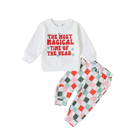 

Infant Baby Boy Christmas Outfits Letter Print Long Sleeve Round Neck Sweatshirt and Plaid Pants Set