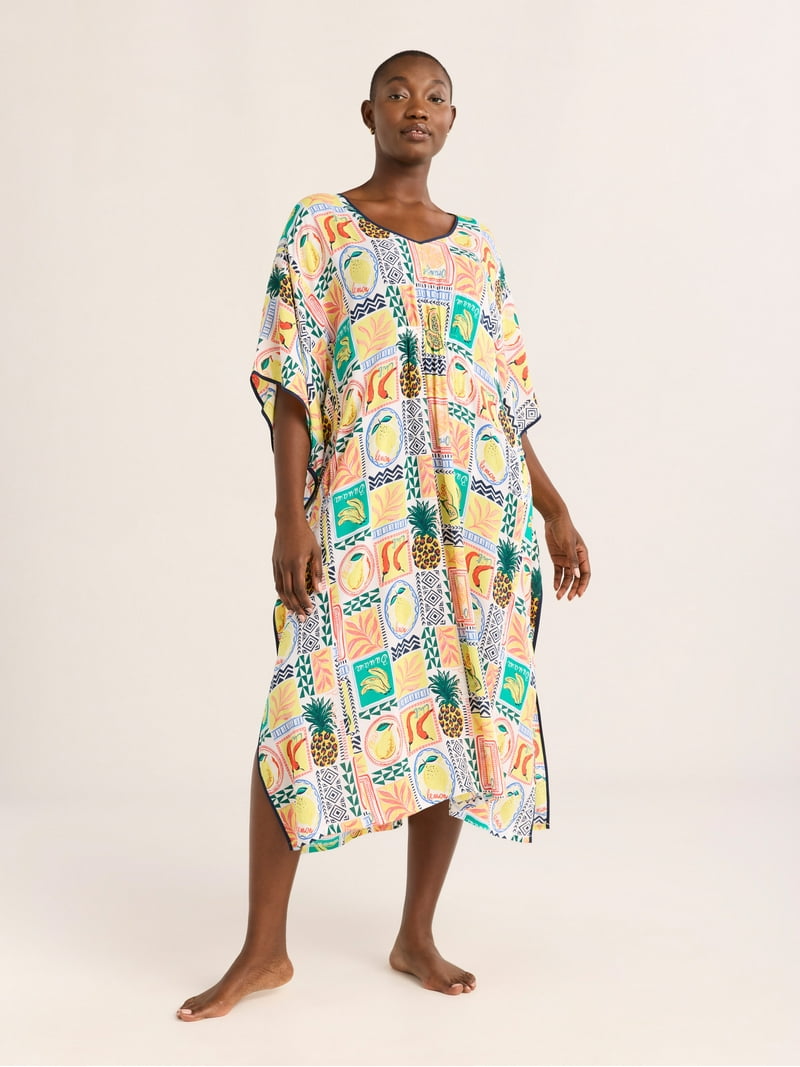 fitted caftan dress Ilima Flower Lei Caftan Hawaiian Dress Blue / One size