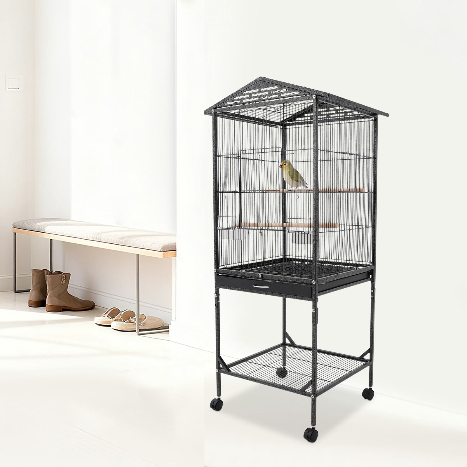 Metal Bird Cage, Bird Cage with Play Open Top, Bird Cage with Wheels for Homes, Living Rooms, Balconies, Pet Shops, and More (18.11*18.11*49.21in) (Black)
