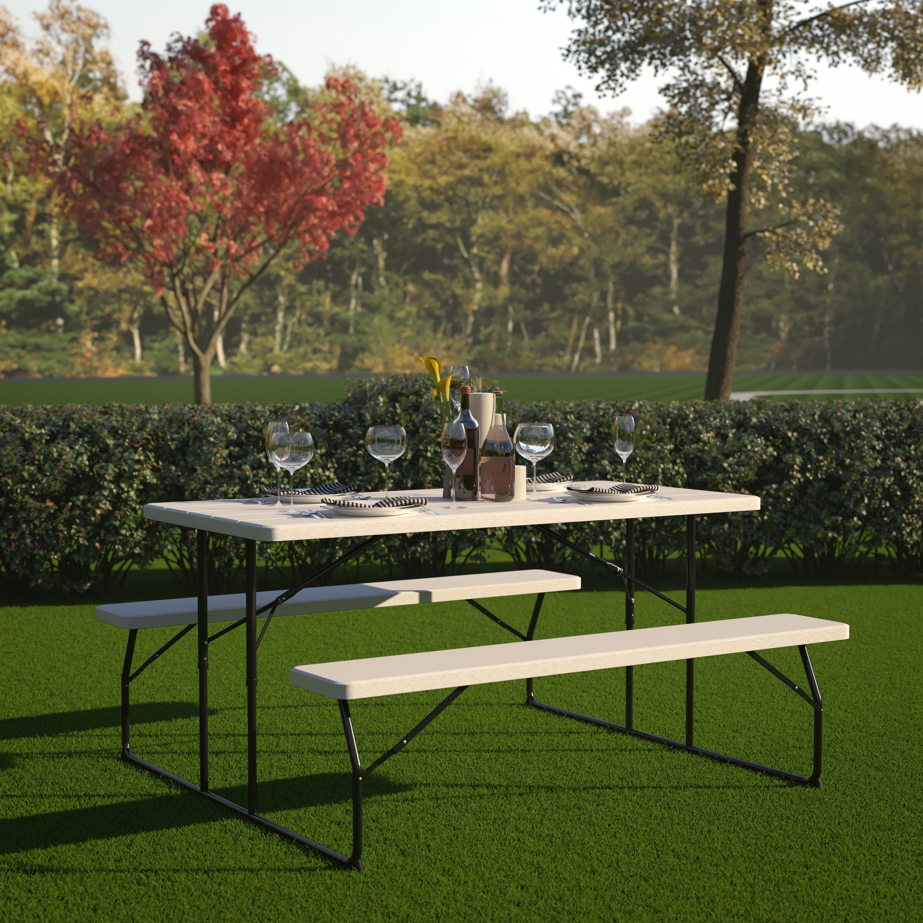 SHA CERLIN 3-Piece Outdoor Patio Camping Picnic Table Set with Bench Picnic Table for Patio Outdoor Activities Garden Use