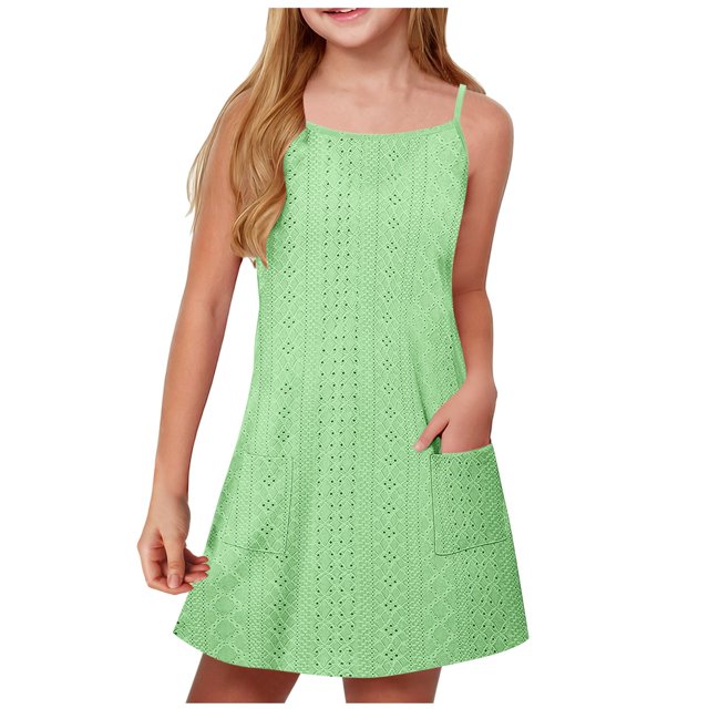 Vêtements de Printemps pour Fillettes Liquidation Robes d'Été 2025 pour Adolescentes Mode Bretelles Réglables Robes Décontractées Tenue Verte 9 Ans