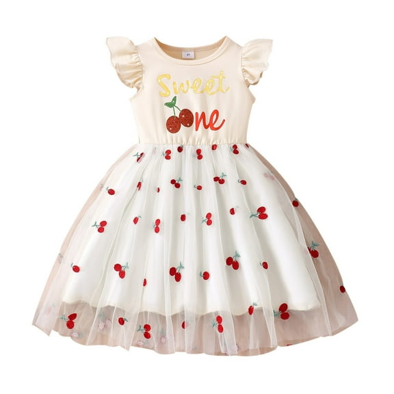 Gaexia Dresses for Girls ,Girls Dresses Casual Sleeveless Mesh Dress With Cartoon Strawberry Cherry Print Elastic Waist Comfortable Playwear For Toddler Kids Age 2 7 (White,3-4 Years)