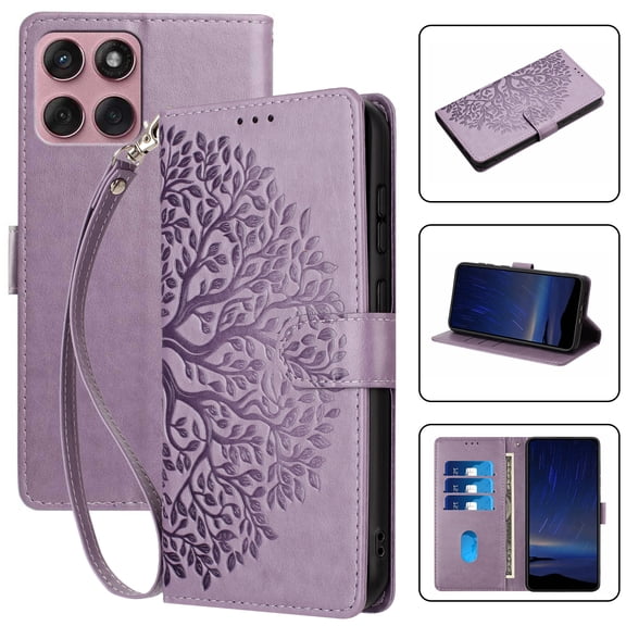 for Motorola Moto G Power 5G 2024 Wallet Case with Card Holder & Wrist Strap, Wallet Case with Stand, Magnetic Clasp, Flower Pattern PU Leather Folio Cover for Motorola Moto G Power 5G 2024, Purple