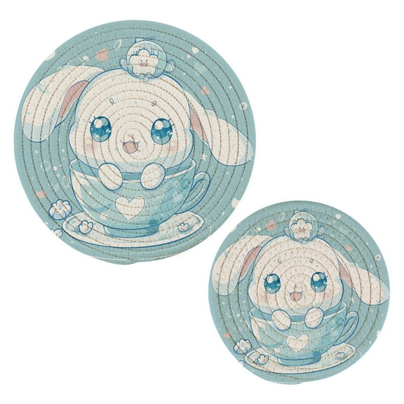 2 Pcs Potholders Set Trivets Pads Cute Cinnamoroll Sanrio in Cup Cotton Heat Resistant Round Hot Mats for Kitchen Countertop Table Home Decor