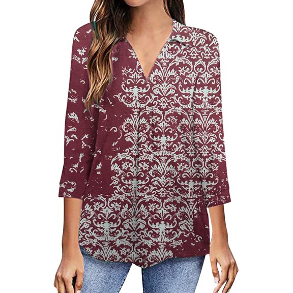 IROINNID Discount Women's Long Sleeve V-Neck Shirts Cool Shirts for Women Casual V-Neck Three Quarter 3/4 Sleeve T Shirt Autumn Printing Blouse Tops Sweatshirt,Brown