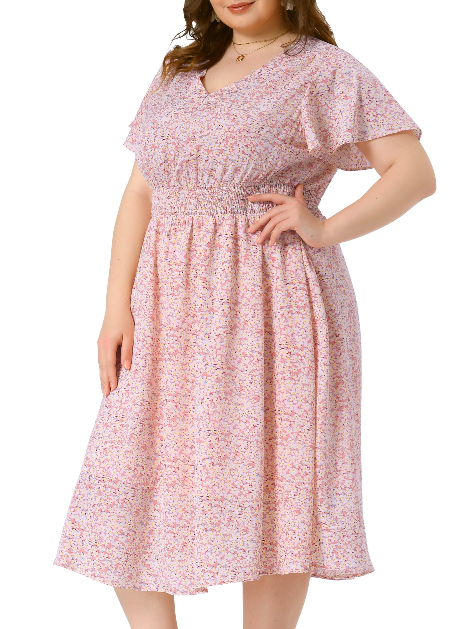 DARING DIVA Plus Size Ditsy Floral V Neck Smocked Waist Midi Dress 3X Pink