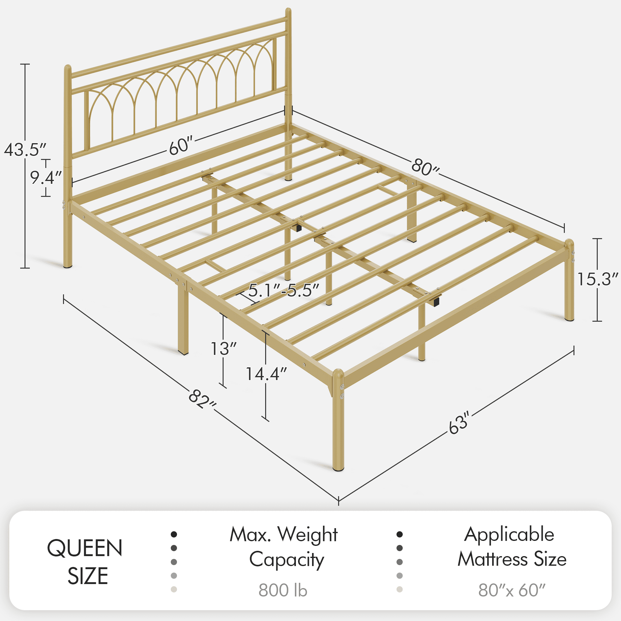 Renwick Jasmine Modern Metal Bed Frame with Petal Accented Headboard, Queen, Antique Gold
