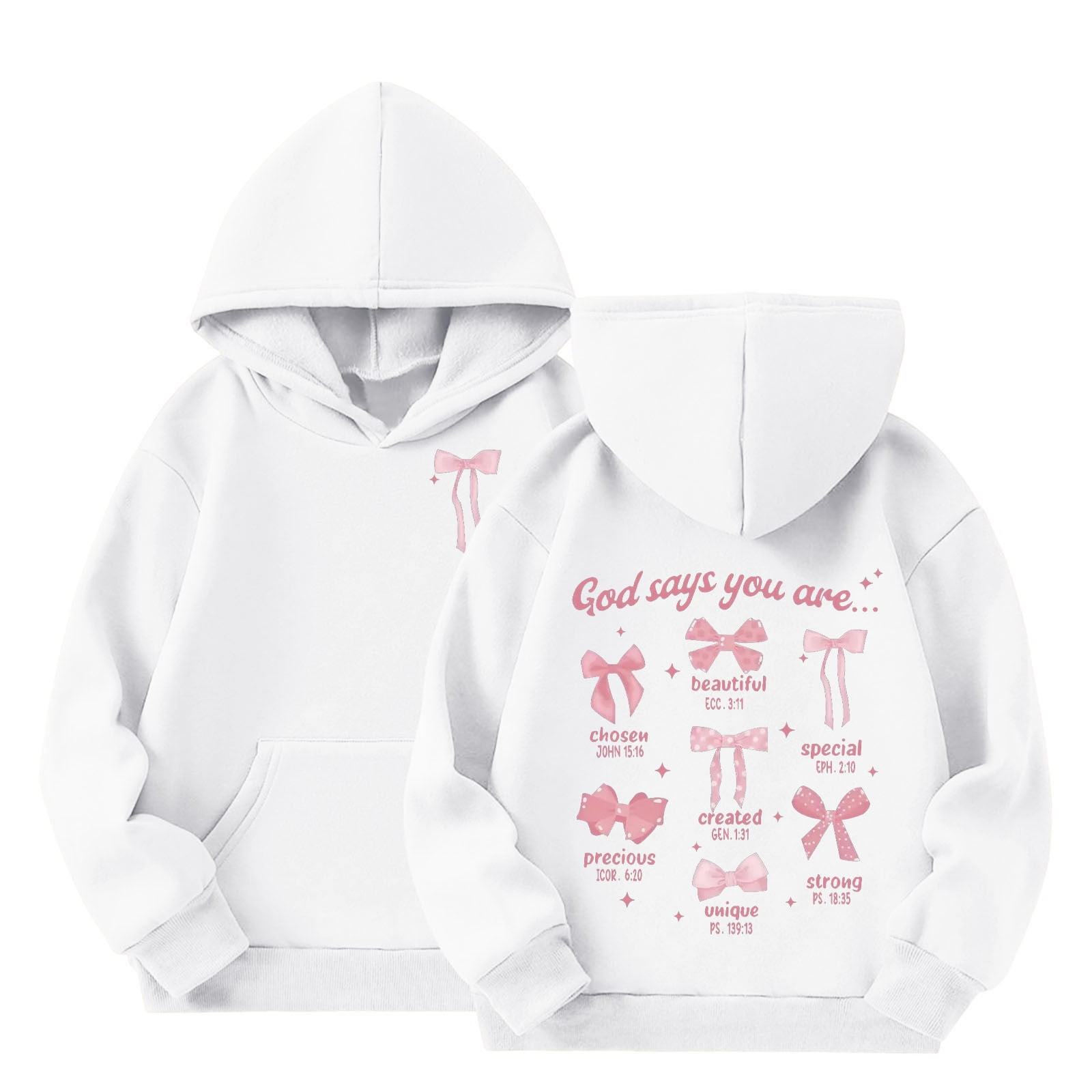 WOYY Girls Preppy Hoodies Cute Bow Graphic Loose Hooded Pullover Sweatshirts White Sizes 3-12