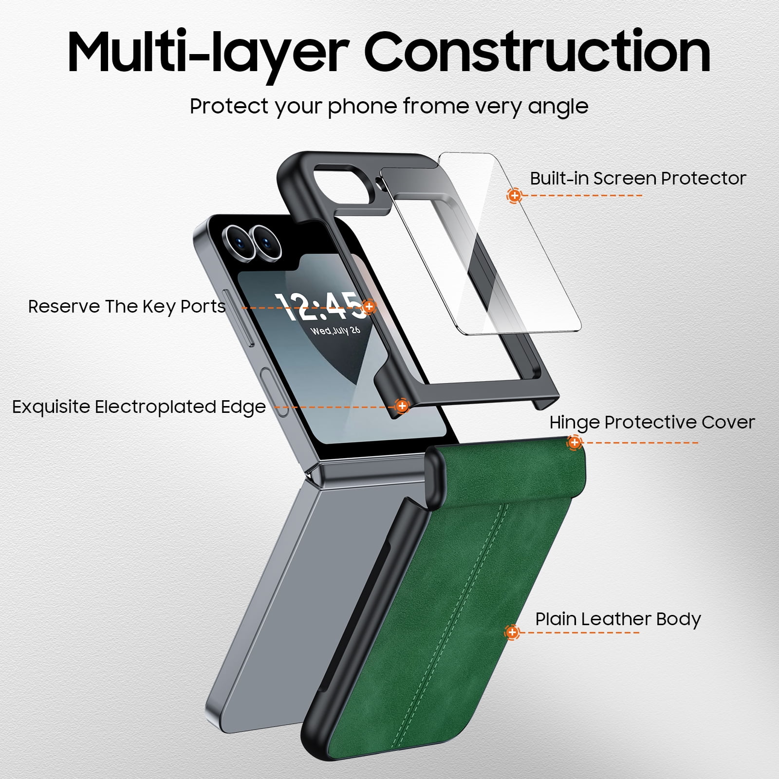 Oupeigar for Samsung Galaxy Z Flip 6/7FE Phone Case With Hinge Protection & Screen Protection,Ultra Thin Leather Shockproof Cover Case-Green
