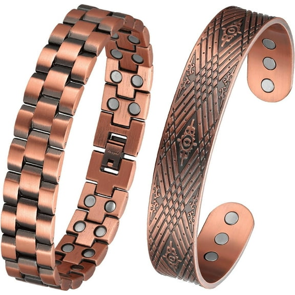 Wollet Magnetic Copper Bracelets Bangle for Men, Pure Copper Jewelry Set of 2(COB-0153 CPB-278)