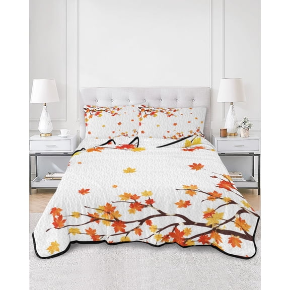 Quilts Full Size, Orange Leaves Fall Soft Comforter Bedding Set for Bed, Thanksgiving Maple Leaves Branches Lightweight Quilted Bedspread with Pillow Cover(2 Pieces) for All Season, 78x90 Inch