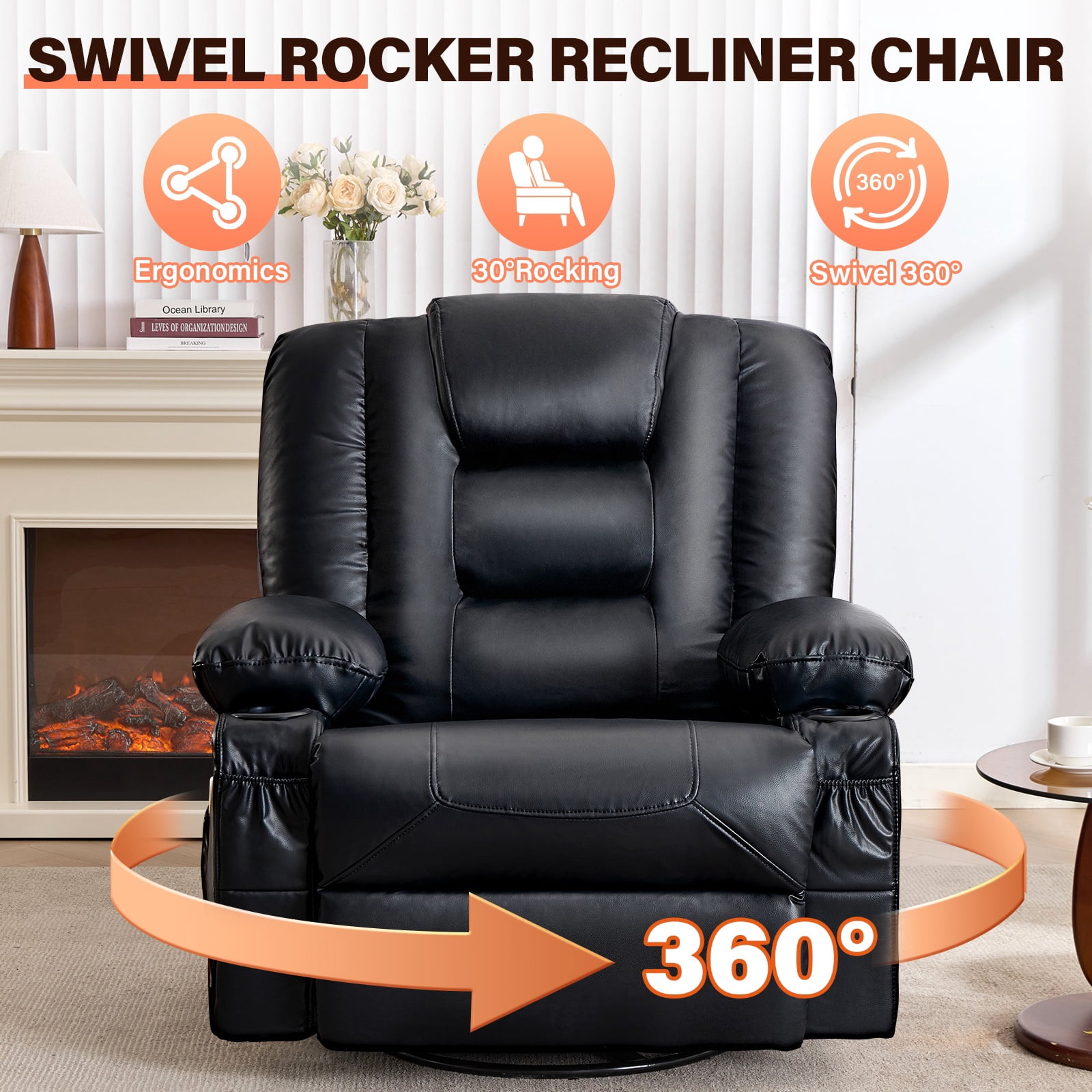 UHOMEPRO Swivel Recliner Chair for Adults, 360° Manual Swivel Rocker Recliner with Massage and Heat, 23 Inch Wide Seat, Overstuffed Armrests, Cup Holders, USB Charging Port and Storage Pockets, Black