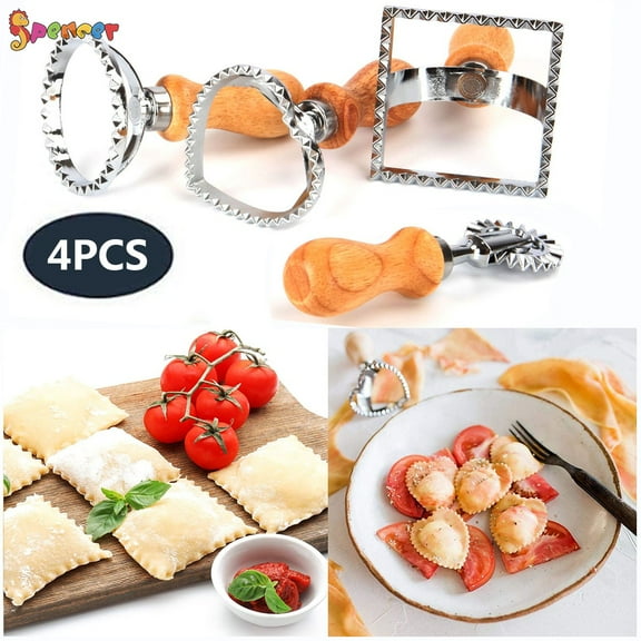 Spencer Ravioli Stamp Maker Cutter with Roller Wheel Set, Mold with Wooden Handle and Fluted Edge, Pasta Press Kitchen Attachment for Pasta, Dumplings Lasagna