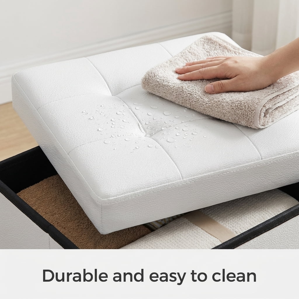 LEDREM 15-Inch Cube Storage Ottoman, 660 lb Capacity Foldable Footrest with 10 Gallon Storage, Synthetic Leather, Cloud White