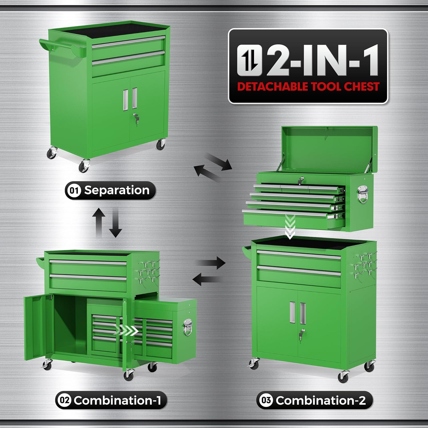 2-IN-1  Tool Chest & Cabinet, Large Capacity 8-Drawer Rolling Tool Box Organizer with Wheels Lockable, Green