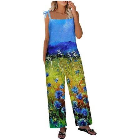 

Women s Summer Jumpsuits Cotton and Linen Loose Wide Leg Pants Boho Floral Printed Fashion Casual Sleeveless One Piece Pants Rompers