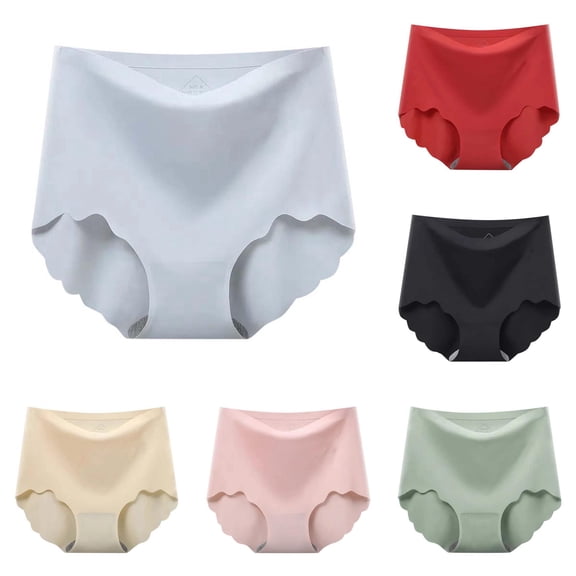 lnmuld Solid Laser Cut Seamless High Waist Women Briefs Scalloped Wave Leg Edge Ice Silk Smooth Antibacterial Crotch No Show Breathable Daily Panties Color:Grey,Size:L