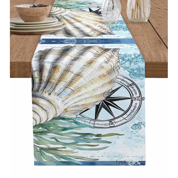 Coastal Ocean Table Runner 48 Inches, Summer Nautical Compass Shell Seaweed Bed Runner Dresser Scarves Tabletop for Indoor Outdoor Parties/Ceremony/Banquet, 13" x 48"