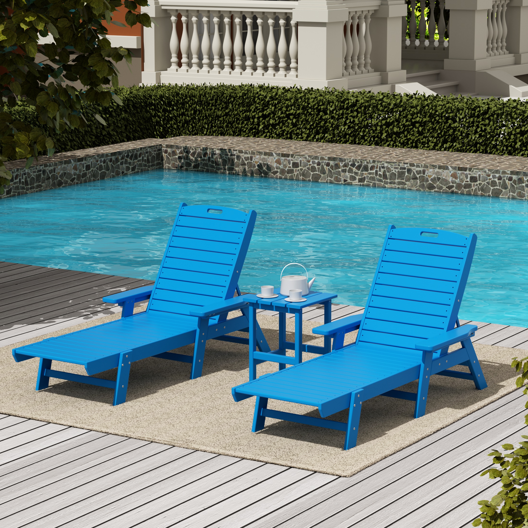Bayport Outdoor 3PC HDPE Plastic Reclining Chaise Lounge/Table Set Pacific Blue - image 2 of 13