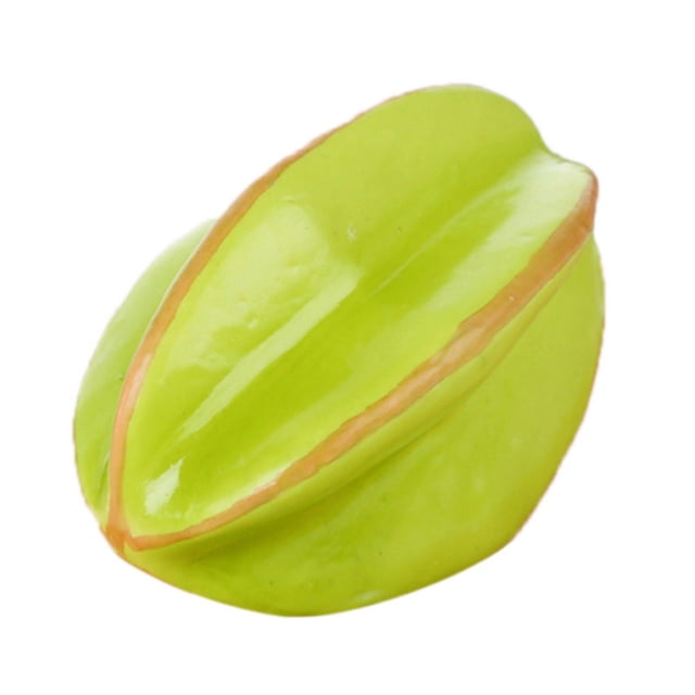 modelo de simulación de fruta artificial espuma fruta falsa ayudas para la enseñanza en el jardín de infantes accesorios decorativos carambola verde vista en primer plano 3/4 de una carambola verde de espuma tamaño real, superficie lisa y brillante con canales y bordes marrón claro; adecuada como adorno educativo o exposición decorativa y a menudo usada como recurso didáctico en actividades de vocabulario.
