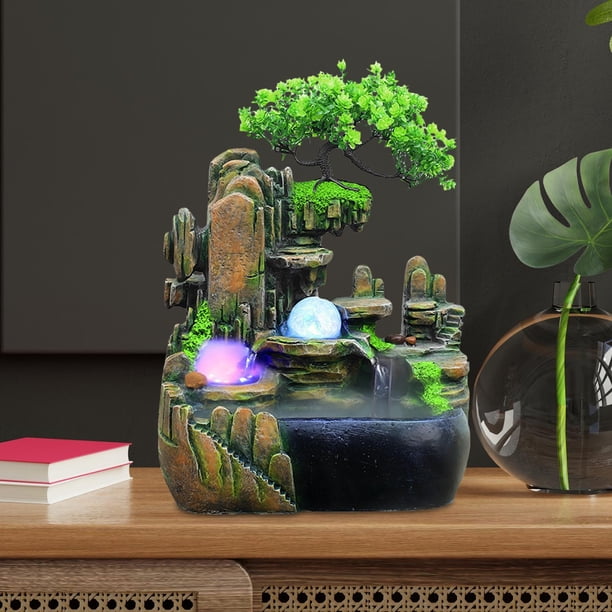 Fuente de agua de mesa con luz con bomba de agua, bola de roca, adorno Feng Shui para meditación, sala de Yoga, decorativa, versátil con niebla